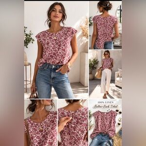 Rachel Zoe 100% Linen Floral Blouse Medium Burgundy Button Back Top